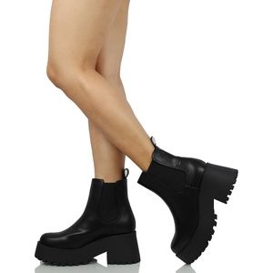 Black Chelsea Pull On Chunky Platform Block Heel Ankle Bootie